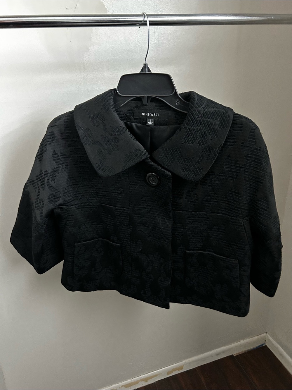 Nine West Black Textured Cropped Blazer with Rounded Collar